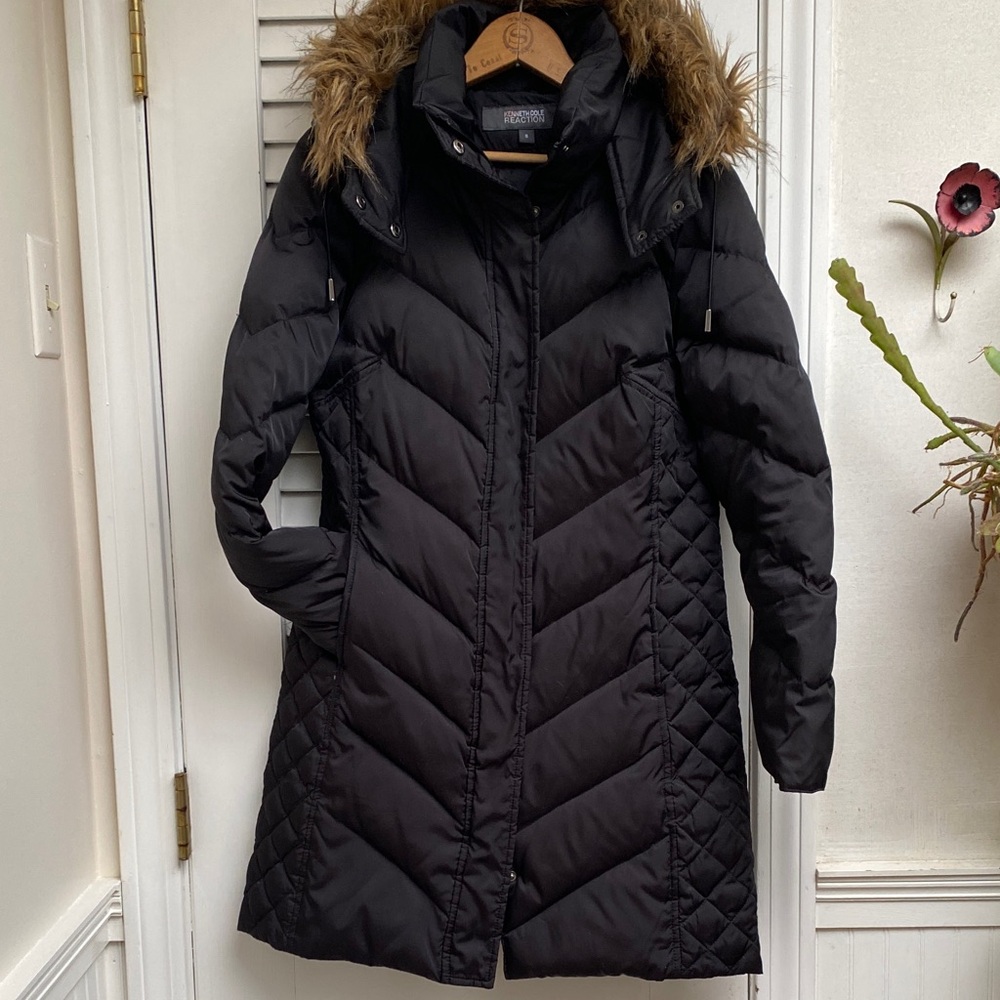 Kenneth Cole Reaction women’s S Down Long Black Puffer Coat Parka Fur Hood